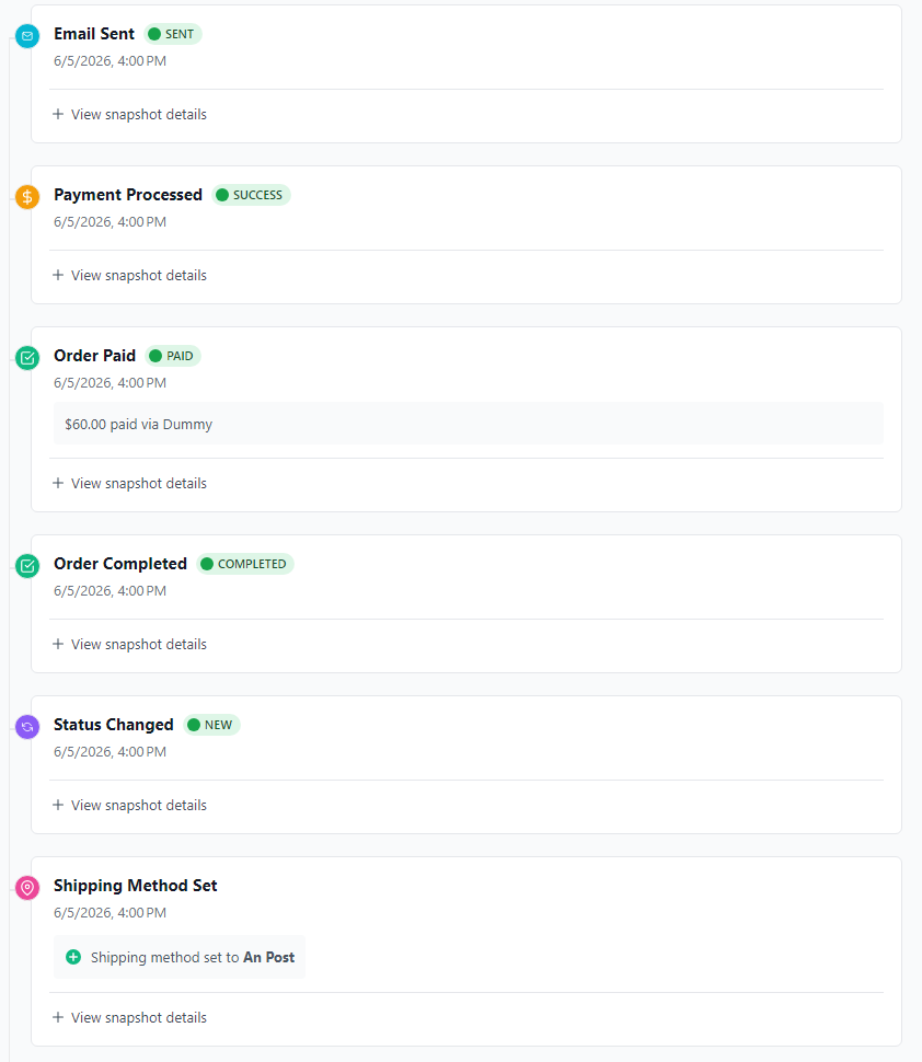 Order timeline showing event history with address change detail
